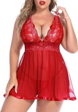 Avidlove Damen Negligee Sexy Dessous Nachthemd Plus Size Spitze Babydoll Nachtwäsche Tief V Ausschnitt Lingerie mit G-String Reizwäsche Sleepwear，Rosa14W von Avidlove