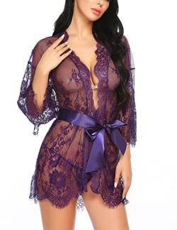 Avidlove Dreiteilig Nachtwäsche Negligee Kleid Gown Kurz Babydoll Erotik Lingerie mit G-String Gürtel Nachthemd Transparente Dessous Damen Sexy Robe Long Sleeve Sheer Mesh Lace-Trim S Lila von Avidlove