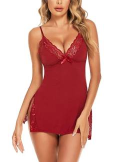 Avidlove Nachtkleid Damen Sexy Nachtwäsche Spaghetti-Träger Babydoll Spitze Lingerie Nachthemd Kleid，WeinrotS von Avidlove