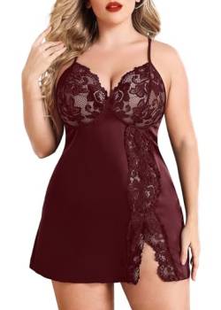 Avidlove Plus Size Dessous Sexy Satin Nachthemd Spitze Babydoll Lingerie Reizwäsche Träger Unterhemd mit Blumenmuster Dunkelrot 14W von Avidlove