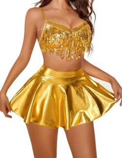 Avidlove Sexy Kleid Damen Unterwäsche Latex Cosplay V-Ausschnitt Lingerie Fransen Minrock Curvy Outfit Pailletten BH Gold XL von Avidlove