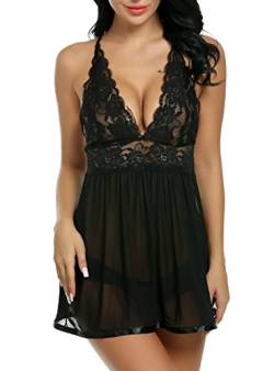 Avidlove Spitze Negligee V-Ausschnitt Lingerie Zurück Split Nachtwäsche Nachtkleid Kleid Dessous Set Reizwäsche Unterwäsche für Damen mit Panties, A Schwarz, XL von Avidlove