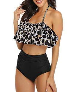 Avondii Badeanzug Damen Bauchweg Für Damen Takini Set Rüschen Zweiteilige Badeanzug High Waist Bademode(L, D-Schwarz Leopard) von Avondii