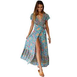 Avondii Blumen Tunika Kleid Damen Sommerkleid Damen Sexy V-Ausschnitt Kleider Freizeitkleider für Damen(L,Grün) von Avondii