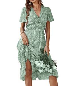 Avondii Boho Kleid Damen V Ausschnitt Sommerkleider Blumen Kurzarm Chiffonkleid (M, Hellgrün) von Avondii