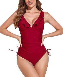 Avondii Damen Badeanzug Push Up V-Ausschnitt Einteilige Bademode Swimsuit (M, Rot) von Avondii