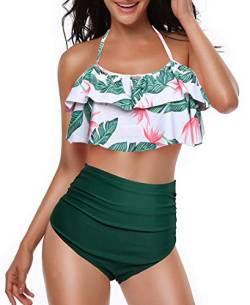 Avondii Damen Bikini Set Rüschen Zweiteilige Badeanzug High Waist Bademode (L, E-Grün Blätter) von Avondii