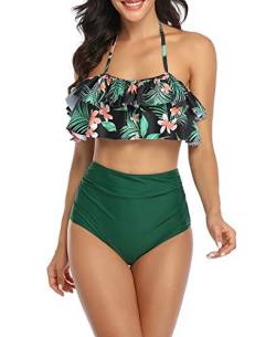 Avondii Damen Bikini Set Rüschen Zweiteilige Badeanzug High Waist Bademode (L, F-Grün Blätter) von Avondii