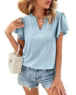 Avondii Damen Bluse Oberteile Sommershirts Casual Lose Tshirt V-Ausschnitte Leicht Tshirt Elegante Hemdbluse Shortsleeve Top(Blau, L) von Avondii