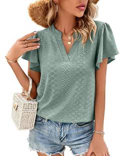 Avondii Damen Bluse Oberteile Sommershirts Casual Lose Tshirt V-Ausschnitte Leicht Tshirt Elegante Hemdbluse Shortsleeve Top(Lagunenblau, XL) von Avondii