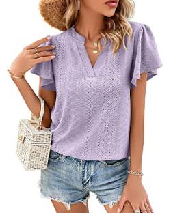 Avondii Damen Bluse Oberteile Sommershirts Casual Lose Tshirt V-Ausschnitte Leicht Tshirt Elegante Hemdbluse Shortsleeve Top(Lila, XL) von Avondii