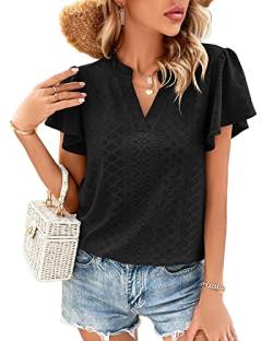 Avondii Damen Bluse Oberteile Sommershirts Casual Lose Tshirt V-Ausschnitte Leicht Tshirt Elegante Hemdbluse Shortsleeve Top(Schwarz, L) von Avondii