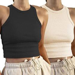 Avondii Damen Crop Tops Sommer Kurz Oberteil Ärmelloses Top(S, Schwarz+Khaki) von Avondii