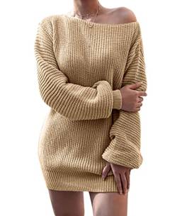 Avondii Damen Langarm Pullover One Shoulder Sweatshirt Schulterfrei Strickpullover (L, Khaki) von Avondii