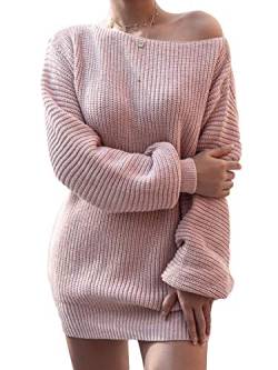 Avondii Damen Langarm Pullover One Shoulder Sweatshirt Schulterfrei Strickpullover (S, Rosa) von Avondii