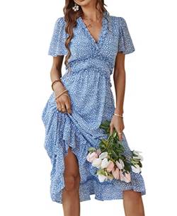 Avondii Sommerkleid Damen V-Ausschnitt Boho Kleider Sommer Blumen Kurzarm Chiffonkleid Maxikleid Blumenkleid Cocktailkleid (S, Blau) von Avondii