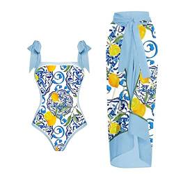 Vintage-Badeanzug für Damen, Zitronen-Print, 1-teilige Bademode + 1-teiliger Cover-Up, Zweiteiliger Vintage-Print-Badeanzug, Monokini-Bikini, 2-teilig Herren Sommer T Shirt von Avrilight