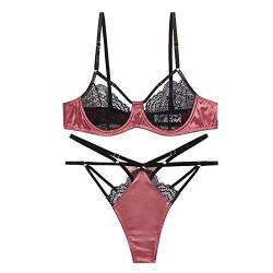 Awake Lingerie Amore Sexy Dessous Set aus Satin und Spitze, Bügel-BH und Riemchen Tanga Luxus Unterwäsche Frauen (Cocoa Red, L) von Awake Lingerie