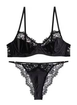 Awake Lingerie Becca Eleganter Satin BH und Spitze String Höschen, Romantische Nachtwäsche Braut Dessous Set Unterwäsche für Frauen (Black, L) von Awake Lingerie