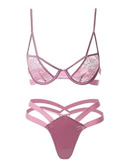 Awake Lingerie Caroline Sexy Dessous Set aus Satin und Spitze, Strappy Unwattierter Bügel-BH und Riemchen Tanga Unterwäsche Frauen (Rosa, M) von Awake Lingerie