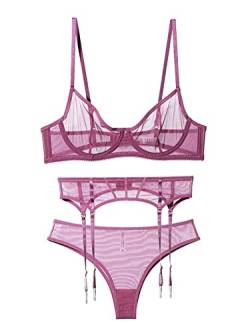 Awake Lingerie Eva Dessous Set 2/3 Teilig Weicher Mesh-BH Slip Strapsen Bequeme Unterwäsche Damen Reizwäsche Negligee (Violett 3PCS, XL) von Awake Lingerie