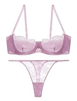 Awake Lingerie Hedy Feminines Dessous-Set aus Satin und Spitze, Demi Cup Unwattierter Bügel-BH und String Unterwäsche, Damen (Rosa, XL) von Awake Lingerie