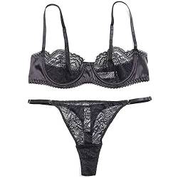 Awake Lingerie Hedy Feminines Dessous-Set aus Satin und Spitze, Demi Cup Unwattierter Bügel-BH und String Unterwäsche, Damen (Schwarz, XL) von Awake Lingerie