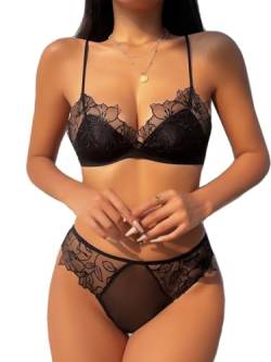 Awake Lingerie Lola Blume Spitze Satin Bralette Frauen romantische Unterwäsche Set ohne Bügel BH und Höschen Chic Dessous Set Nachtwäsche (Schwarz, M) von Awake Lingerie