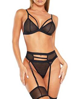 Awake Lingerie Muse Sexy Dessous Set 3 Teilig Push Up BH Tanga und Strapsen Unterwäsche Netz Reizwäsche Tiefer V-Ausschnitt Lingerie, Damen (Schwarz, L) von Awake Lingerie