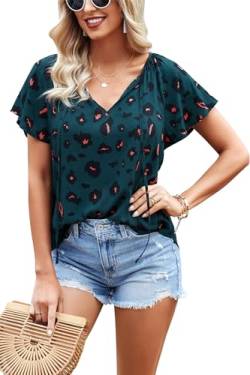 Awemeal Damen Bluse Sommer Rüschen Kurzarm V-Ausschnitt Shirt Boho Drucken Strand Top T-Shirt Casual Lose Tunika Oberteil (M, Grün Leopardenmuster) von Awemeal