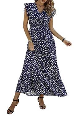 Awemeal Damen Sommerkleid Elegant V-Ausschnitt Maxikleid Drucken Boho Sommer Lang Kleid Flügelärmel Rüsche Strandkleid (as3, Alpha, s, Regular, Regular, Dunkelblau) von Awemeal