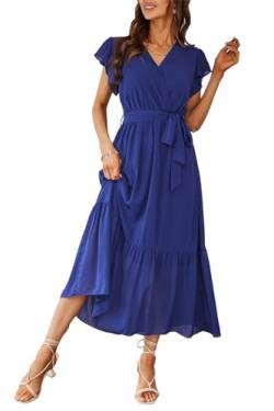 Awemeal Kleid Damen Sommer Elegant V-Ausschnitt Kurzarm Lang Sommerkleid Boho Blumenkleid mit Gürtel Rüschen Saum Wickelkleid Strandkleid A Linie Fließend Maxikleid （L, Blau） von Awemeal