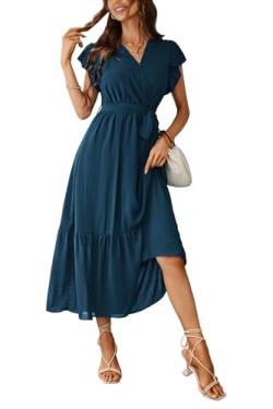 Awemeal Kleid Damen Sommer Elegant V-Ausschnitt Kurzarm Lang Sommerkleid Boho Blumenkleid mit Gürtel Rüschen Saum Wickelkleid Strandkleid A Linie Fließend Maxikleid （L, See Blau） von Awemeal