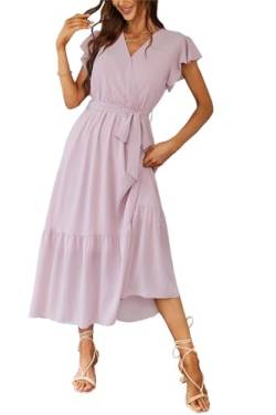 Awemeal Kleid Damen Sommer Elegant V-Ausschnitt Kurzarm Lang Sommerkleid Boho Blumenkleid mit Gürtel Rüschen Saum Wickelkleid Strandkleid A Linie Fließend Maxikleid （M, Rosa） von Awemeal