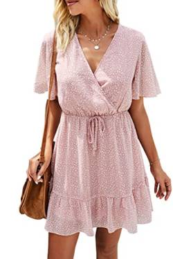 Awemeal Sommerkleid Damen Kurz Drucken Boho Kleider Strandkleid Kurzarm V-Ausschnitt Chiffon Kleid Rüsche Minikleid mit Gürtel （L, Rosa） von Awemeal