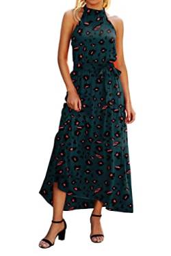 Awemeal Sommerkleid Damen Lang Blumenmuster Boho Kleid Ärmellos Neckholder Strandkleid Rüsche Maxikleid mit Gürtel （S, 259 Dunkelgrün） von Awemeal