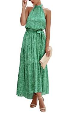 Awemeal Sommerkleid Damen Lang Blumenmuster Boho Kleid Ärmellos Neckholder Strandkleid Rüsche Maxikleid mit Gürtel （XL, 259 Grün） von Awemeal