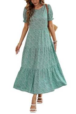 Awemeal Sommerkleid Damen Lang Casual Rundhals Maxikleid Sommer Blumenmuster Boho Kleid Strandkleid Puffärmel Rüschen Blumenkleid (L, Grün) von Awemeal