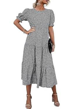 Awemeal Sommerkleid Damen Lang Casual Rundhals Maxikleid Sommer Blumenmuster Boho Kleid Strandkleid Puffärmel Rüschen Blumenkleid (L, Schwarz) von Awemeal