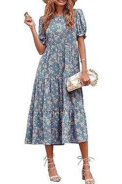 Awemeal Sommerkleid Damen Lang Casual Rundhals Maxikleid Sommer Blumenmuster Boho Kleid Strandkleid Puffärmel Rüschen Blumenkleid (XL, Blau) von Awemeal