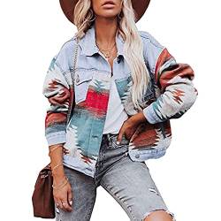 Awoyep Damen Aztec Jacke Jeansjacke Hemdjacke Revers Langarm Vintage Button Down Jacken Oversize Boyfriend Cardigan Print Shacket Bluse Mantel (Color : E, Size : XXL) von Awoyep