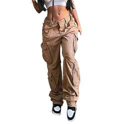 Awoyep Damen Cargo Hose Straight Sweathose Elastische Bund Hosen Schlaghose Sport Jogginghose Y2k Jeans Cargohose Damen Baggy mit Taschen (Color : Khaki, Size : S) von Awoyep