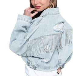 Awoyep Damen Glitzer Jacke Rhinestones Fransen Knöpfen Jeansjacke Konzert Outfits Langarm Quasten Tshirt Pailletten College Party Jacken (Color : Blue1, Size : L) von Awoyep