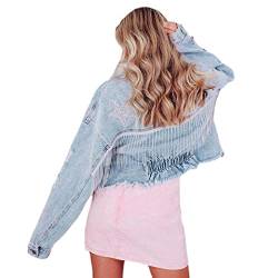 Awoyep Damen Glitzer Jacke Rhinestones Fransen Knöpfen Jeansjacke Konzert Outfits Langarm Quasten Tshirt Pailletten College Party Jacken (Color : Blue2, Size : XL) von Awoyep