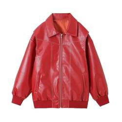 Awoyep Damen Lederjacken Oversized Vintage Jacke Faux Motorrad Biker Mantel Pu Motorrad Varsity Bomber Cardigan Jacken Herbst Outwear Streetwear Bomberjacke Leder Jacket Woman (Color : Red, Size : M von Awoyep