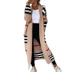 Awoyep Damen Longstrickjacke Gestreift Kuschelige Damen Strickjacke Cardigan Feinstrick Jacke Oversize Offen Frühling Herbst Outerwear Langarm (Color : Camel, Size : S) von Awoyep