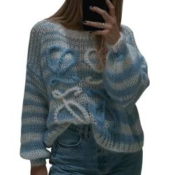 Awoyep Damen Sommer Y2K Häkelpullover Hollow Out Bunt Sweater Casual Langarm Rundhalsausschnitt Übergroße Strickpullover Top Pullover Strickpullover (Color : Blue, Size : L) von Awoyep