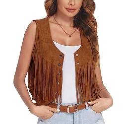 Awoyep Faux Wildleder Weste Damen Ethnischen Stil Ärmellose Vest Jacke Retro Einfarbige Fransenweste Mantel mit Quasten Locker Herbstjacke Übergangsjacke mit Fransen Strickjacke (Color : Khaki, Size von Awoyep