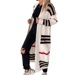 Awoyep Frauen Lange Hülsen Gestreifte Taschen Beiläufige Gestrickte Oberbekleidung Strickjacke Damen Herbst Cardigan Outwear Strickpullover Langarm (Color : Off-White, Size : L) von Awoyep