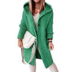 Awoyep Grobstrickjacke Damen Festliche Lange Longstrickjacke Damen mit Kapuze Dicker Strick Winter Cardigan für Frauen Langarm Einfarbig Cardigan Frauen mit Knöpfen Warm Strickmantel (Color : Green, von Awoyep